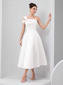 Modelyn 女式优雅纯色不对称领口荷叶边下摆连衣裙，夏季 - 白色 - 查看 3