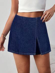 SHEIN Tall 女士牛仔短裤，休闲修身短裙裤，蓝色 - 深色水洗藍 - 查看 3
