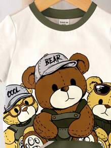SHEIN 2pcs Baby Boy Casual Cute Bear Cartoon Colorblock Round Neck Short Sleeve T-Shirt And Shorts Set, Suitable For Summer