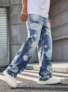 Manfinity LEGND 男士休闲玫瑰印花胡子条纹水洗宽松直筒牛仔裤，春夏