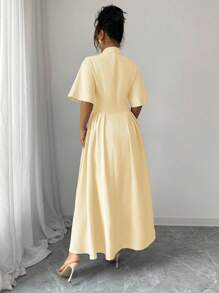 Elenzga Single-Breasted Design Striped Dress With Flared Hem - Yellow - View 2