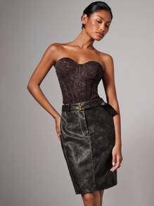 COSMINA Jupe mini en PU texturé vintage délavé pour femmes, à porter pour un concert, au bureau ou pour sortir - Noir - Voir 5