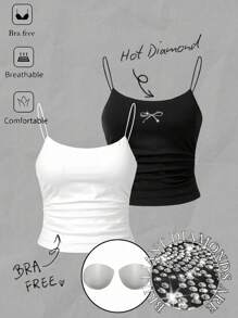 SHEIN Essnce 两件套水钻蝴蝶结装饰女士露脐吊带背心套装，带胸垫，适合夏季，水钻装饰，蝴蝶结肩带，内置胸罩 - 彩色 - 查看 1