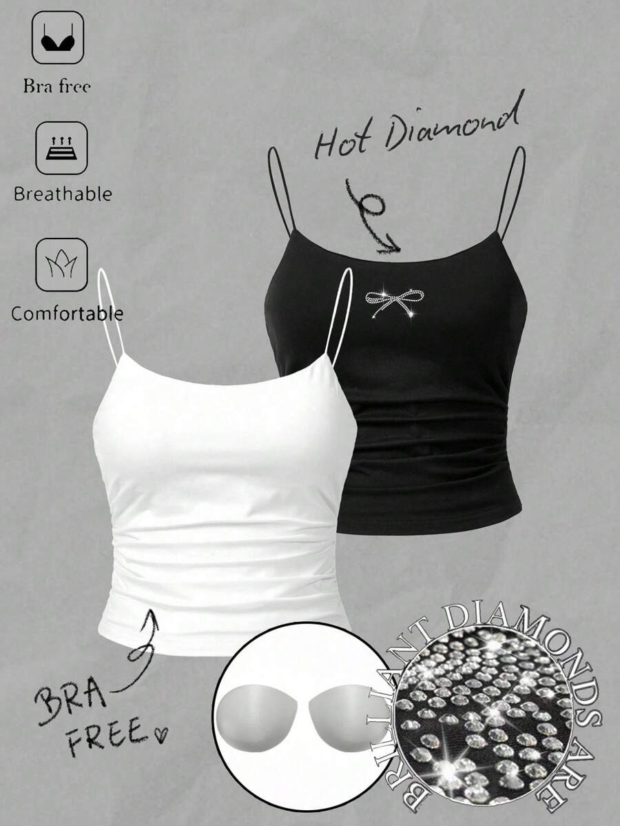 SHEIN Essnce 两件套水钻蝴蝶结装饰女士露脐吊带背心套装，带胸垫，适合夏季，水钻装饰，蝴蝶结肩带，内置胸罩 - 彩色 - 查看 1