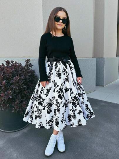 Firerie Kids Firerie Kids Tween Girls' Daily Casual Knitted Black And White Ditsy Floral Patchwork Round Neck Long Sleeve Dress