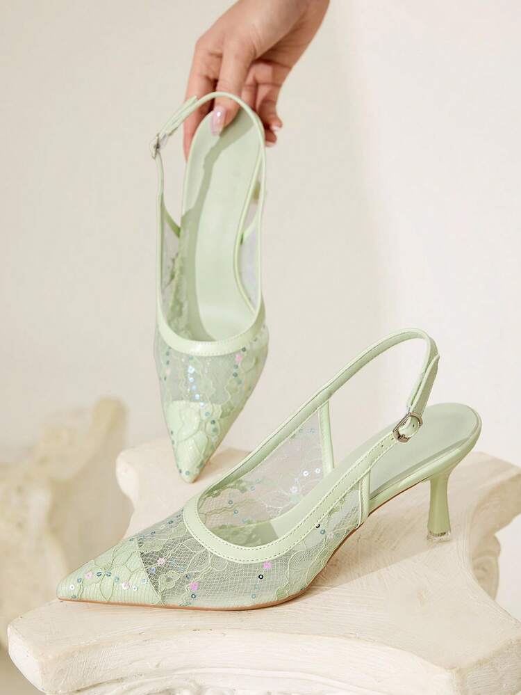 CUCCOO CHICEST Zapatos de mujer de tacón medio con punta afilada, bordados con lentejuelas y encaje elegante. Tacones altos de malla verde transparente y románticos, sexy y de moda, adecuados para ocasiones formales, fiestas, bodas y vacaciones.