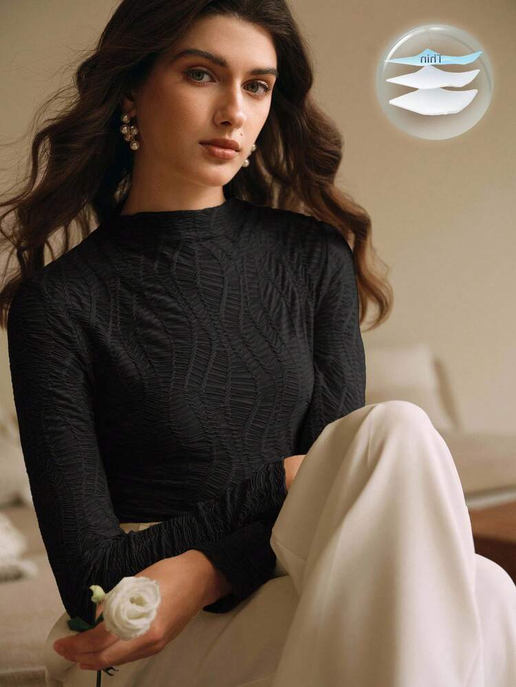 Anewsta Camiseta Manga Longa Preta Slim Fit Elegante e Texturizada de Mulher para Uso Casual, Férias e Trabalho, Primavera