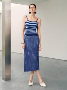 Elenzga Women's Casual Everyday Contrast Stripe Pattern Sleeveless Knit Dress, Summer Knitted Sweater - Blue - View 3