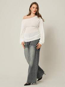 Auralis Plus Size Fall Women Clothes Teacher For Women ,Business Casual Woman, Women's Solid Color Pleated Asymmetrical Shoulder White See, Through Casual Long Sleeved T-Shirt, Back To School, Y2k, Cute Tops, Going Out Tops Women, Office For Women,Y2k Clothes, Gym Tops, Work For Women, Work Clothes Women, Streetwear, White For Women, Basic Tops, Oversized Women T Shirts, Teacher ,Tops For School, Airport For Women Casual Top