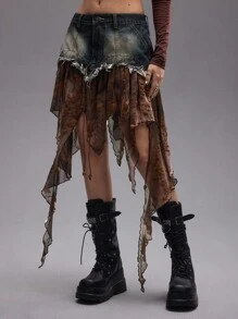 ROMWE Grunge Punk Váy denim mini dây rút họa tiết hoa Y2K Retro Punk Grunge viền bất đối xứng viền bèo nhún vát cho nữ - Nhiều màu - Xem 8