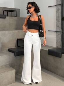 EURMUSE 高腰不对称腰带白色阔腿牛仔裤 - 白色 - 查看 6