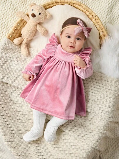 SHEIN Elegant och söt klänning med lång ärm och volangkant för nyfödda babyflicka