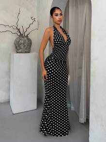 SHEIN SXY 黑白波点优雅挂脖鱼尾下摆连衣裙 - 黑與白 - 查看 6