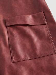 SHEIN MOD Women's Burgundy PU Leather Jacket,Autumn Casual Street Fashion Raglan Sleeve Patchwork Pocket Long Sleeve Coat For Occasion Halloween Christmas Rave - Pink - View 3