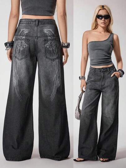 Y2Kool Ekonfriends Calça Denim Reta Larga de Cintura Baixa Estilo Gótico Punk Escuro com Estampa de Asas de Anjo Lavada em Preto e Cinza, Adequada para Festas Casuais, Festivais de Música, Outfits de Clube no Outono/Inverno, Roupas Estilosas e Sexy para Mulheres