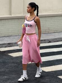 Muchica 秋季新款女粉色针织阔腿百慕大短裤，纯色，简约休闲日常穿搭，适合日常出街 - 淺粉色 - 查看 4