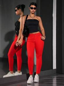 SHEIN PETITE Jeans ajustados de unicolor casual - Rojo - Ver 5
