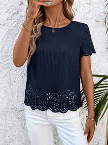 SHEIN Clasi Women's Casual Solid Color Short Sleeve Burnout Shirt, Spring/Summer - Navy Blue - View 4