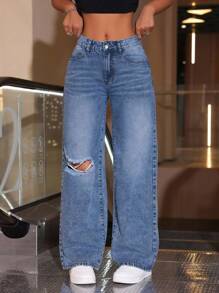 SHEIN EZwear 大码女式做旧个性化时尚直筒牛仔裤 - 藍色 - 查看 3