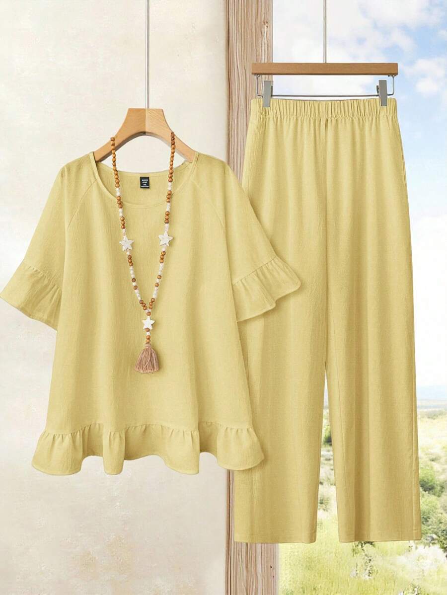 EMERY ROSE Conjunto de 2 piezas de talla grande de lino estilo campestre: camisa blanca y pantalones, ropa de moda minimalista, conjuntos de primavera y verano para mujer