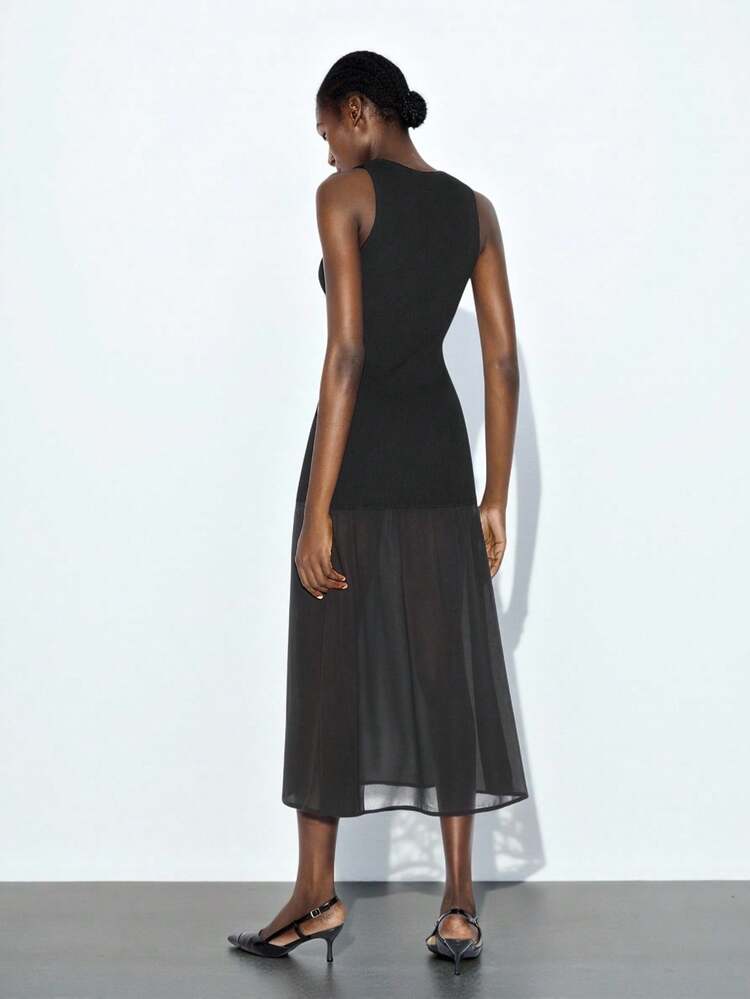 SHEIN Maija Women Solid Color Crew Neck Mesh Hem Sleeveless Knit Dress Black Dress Sheer Dress Black Sheer Midi Dress Mesh Dress Black Midi Dress,Modest Dresses For Women,Fall Women Clothes