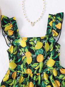 Đầm nơ hở lưng cổ vuông tay bồng họa tiết trái cây nhiệt đới dễ thương cho bé gái, trang phục phù hợp cho mẹ và bé (3 món bán riêng) - màu đen - Xem 6