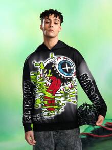 MADBALLS X SHEIN Men's Letter & Cartoon Graphic Casual Hoodie - Black - View 4