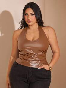 SHEIN BAE Women's Plain Halter Neck Simple Camisole, Casual Daily Wear Fall Clothes PU Elasticity Fall Women Clothes Fall Women Fall Tops Winter Women Clothes/ Brown Leather Top/ Chocolate Brown Leather Top/ Brown Halter Top/ Plus Size Leather Top/Off The Shoulder/Fall Clothes Plus Size/Halloween/Homecoming/Christmas/Going Out /Birthday Dresses For Women/Western Wear Women/Dresses For Women Party/Off The Shoulder/Women's Fall Clothes/Pu Top/Leather Top