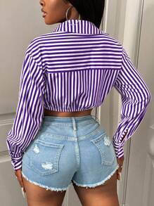 BamGleam Camisa Casual Listrada Curta e Sexy para Transporte