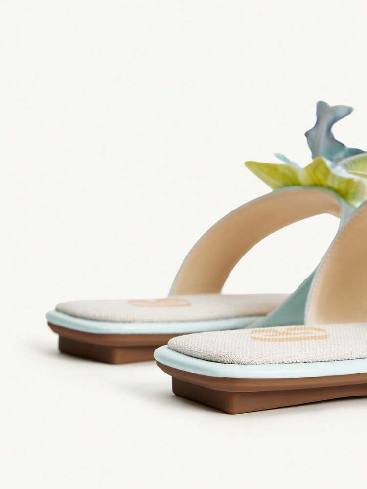 CUCCOO CHICEST Women's Mint Green Linen Flat Sandals With 3D Iris Flower Decor, Elegant Sweet Casual Fashion Comfortable Slip-On Shoes For Spring/Summer, Suitable For Afternoon Tea, Dates, Beach Vacation