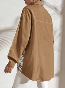 EURMUSE 100%Cotton Plant Print Fringed Drop Shoulder Sleeve Shirt - Mocha Brown - View 2