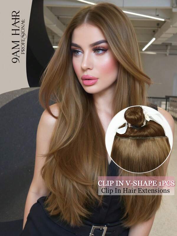 V-förmige Clip-in Haarverlängerung aus 100% Echthaar 1 Stück mit 4 Clips in Honigbraun, gerade Haare für Frauen, einfach zu stylen mit Lockenstab und Glätteisen, unsichtbar, geeignet zum Volumen hinzufügen, leicht zum ganzen Tag tragen