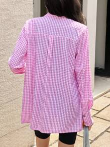 Aveloria Affinna Bluză de damă cu mânecă lungă, stil francez elegant, carouri contrastante delicate, lucrate manual cu mărgele, design de artificii, rever simplu - Roz - Vizualizare 2