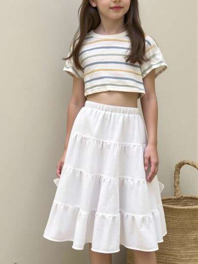 Genkimix Kids Young Girl Summer Solid Color Textured Elastic Waist Skirt Fall Winter