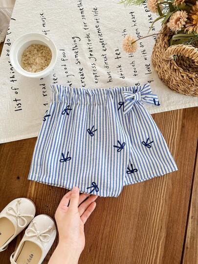 SHEIN LMoss Kids 女婴蝴蝶结条纹不对称下摆休闲裙裤