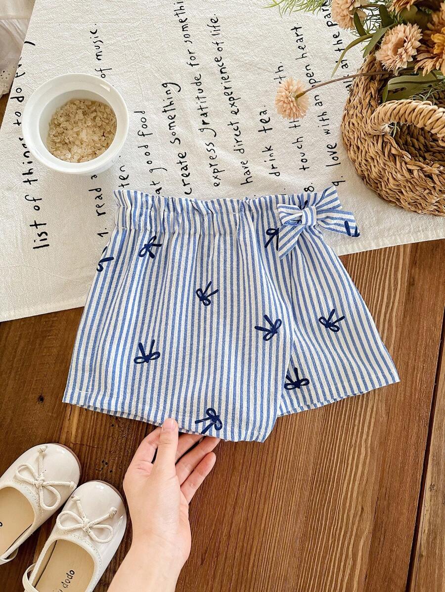 SHEIN LMoss Kids 女婴蝴蝶结条纹不对称下摆休闲裙裤 - 藍色 - 查看 1