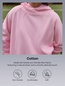 Menodora SHEIN Sport Women's Casual Plain Color Pink Hoodie, Versatile,Back To School,Autumn,Cotton Tops - Pink - View 5