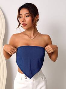 SHEIN Frenchy Women's Blue Backless Tube Denim Top, Front Short Back Long Denim Strap Tube Top Summer Vacation - Dark Wash - View 3