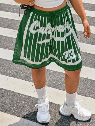 SHEIN EZwear Plus Size Green & White Sports Casual Loose Fit Bermuda Shorts, Summer