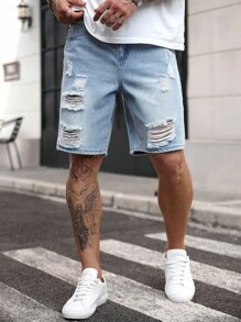 Manfinity Homme 男士休闲破洞牛仔短裤（夏季） - 藍色 - 查看 6