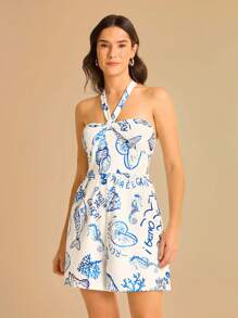 CAJUNI Women's Tropical Casual Vacation Beach Blue Ocean Element Print Sleeveless Halter Tie Crop Top And Shorts Jumpsuit