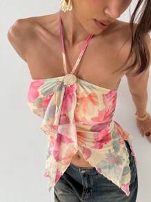 Aloruh Women's Casual Vacation Summer Halter Tie Back Crop Top, Summer Beach Vacation Boho Tropical Rave Festival Country Concert Ibiza Nashville Western Wear Boho Streetwear Tropical Gyaru Cute Top - Multicolor - View 5