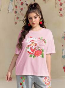 Strawberry Shortcake X SHEIN Plus Size All-Match Comfort Large Graphic Pink T-Shirt, Versatile, For Summer - Pink - View 4