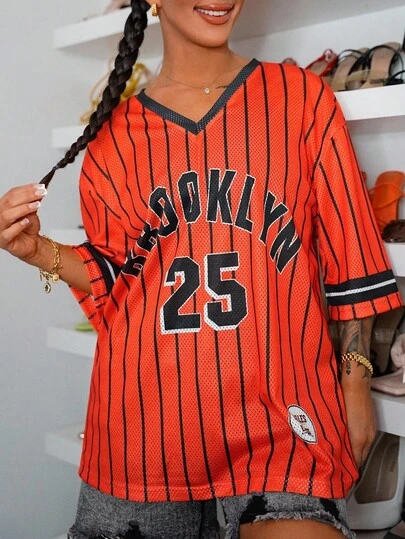 SAYEHFBABY Casual Minimalist Letter & Number Graphic Orange Striped Brooklyn Print T-Shirt, Suitable For Women In Summer, Sports, Fitness