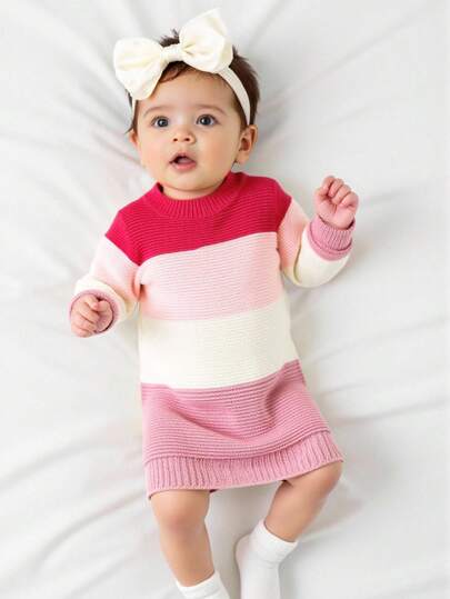 SHEIN 女婴休闲可爱简约白色、玫红色、粉色撞色针织连衣裙，柔软舒适，适合日常、外出、旅行、度假、居家、育儿室和女婴玩耍