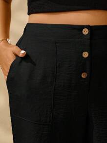 EMERY ROSE Plus Size Casual, Vacation Flattering, Button & Pocket Decor Loose 3/4 Pants Fall - Black - View 3