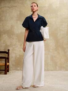 Arave 女式纯色单排扣褶皱泡泡袖衬衫 - 藏蓝色 - 查看 4