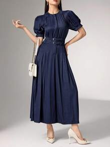 Heiryn Round Neck, Raglan Sleeve, Short Sleeve, Waist Cinched, Elegant Korean Style Office Dress - Navy Blue - View 4