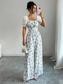 Rafferiza 女士优雅花卉雪纺拼布褶饰连体裤 - 藍色 - 查看 1