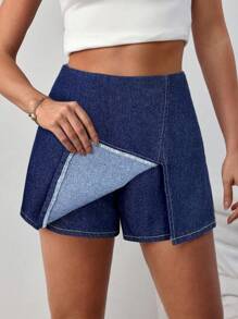 SHEIN Tall 女士牛仔短裤，休闲修身短裙裤，蓝色 - 深色水洗藍 - 查看 1